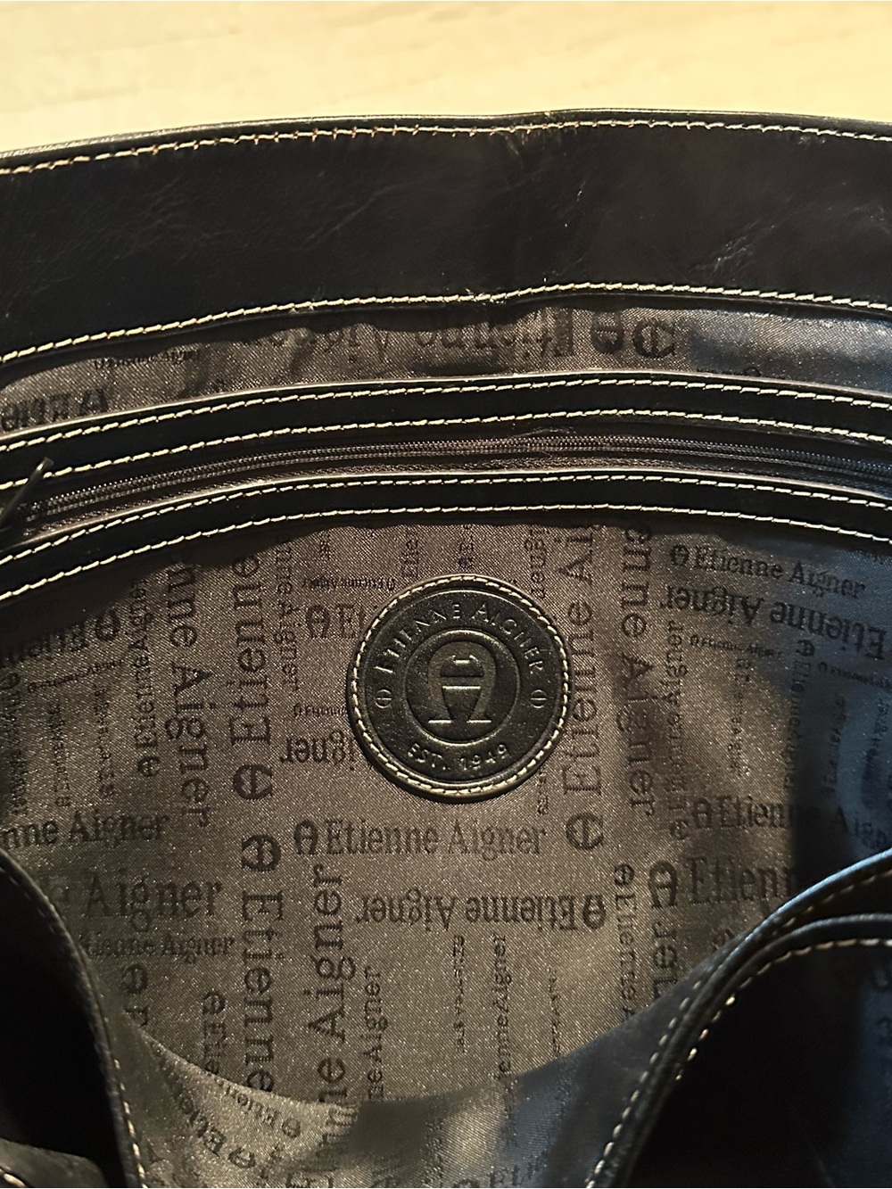 Etienne Aigner Black Leather Tote with Contrast Stitching - Picture 7 of 13